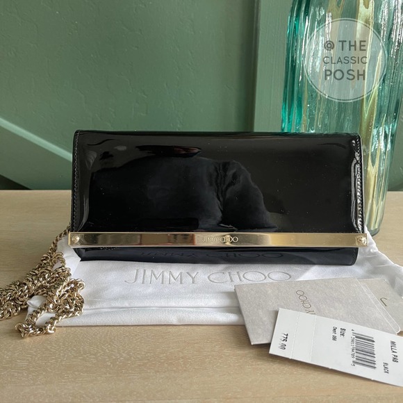 Jimmy Choo Handbags - NEW Jimmy Choo Milla Passport Patent Clutch Crossbody Bag black Gold